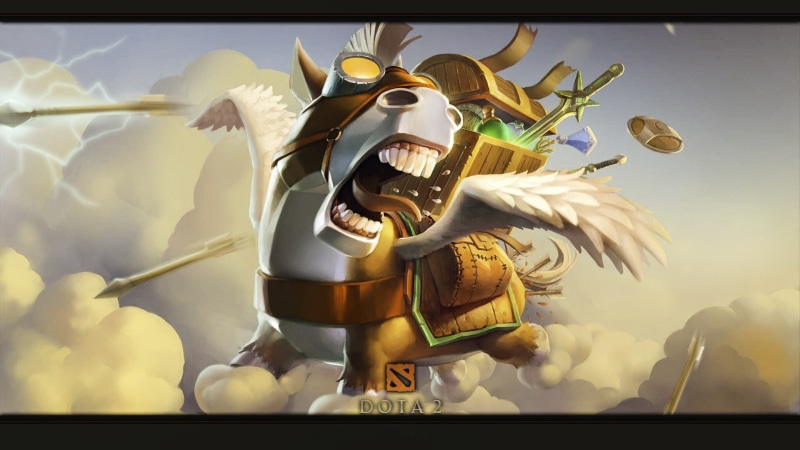 dota, mask, low angle view, male likeness, 1080P, Dota 2 Courier, disguise, sky, digital, courier, nature, sculpture, outdoors, sunlight, close-up, day