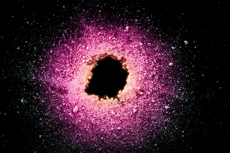 full frame, abstract, space, galaxy, dust, close-up, creativity, powder, circle, smoke, black background, no people, white, holi, paint, texture, background