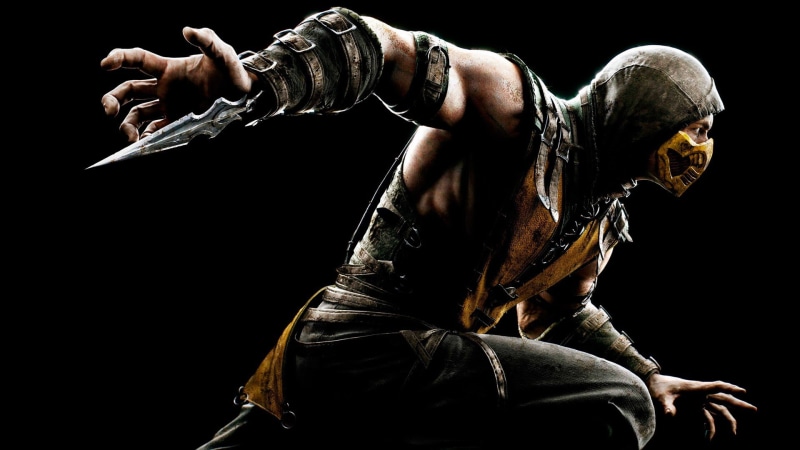 studio shot, scorpion, holding, shirtless, mortal, indoors, exercising, Mortal Kombat X, knife - weapon, weapon, side view, black background, kombat, strength