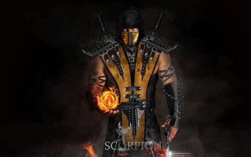 one person, heat - temperature, studio shot, indoors, front view, fire, video games, men, Mortal Kombat, mortal, burning, black background, digital composite