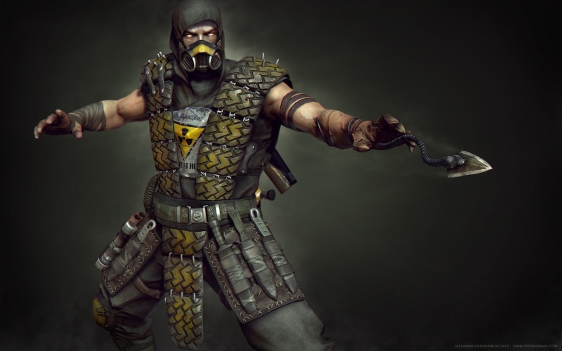 kombat, history, sword, steel, scorpion, military, conflict, black background, aggression, indoors, holding, Scorpion (character), 1080P, standing, the past