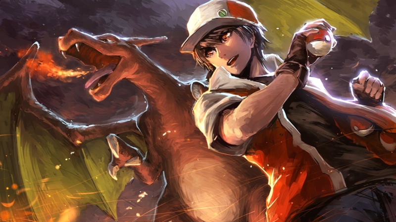 digital art, 1080P, one person, human representation, sculpture, Pokémon, Red (character), male likeness, statue, burning, heat - temperature, pokemon
