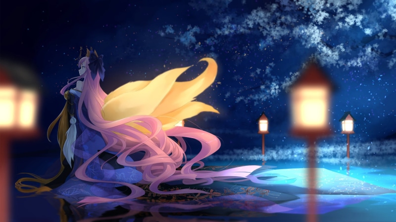 character, close-up, anime, night, Fate/Extra, 1080P, indoors, Fate Series, plant, blue, lighting equipment, female, no people, illuminated, pink, flower head