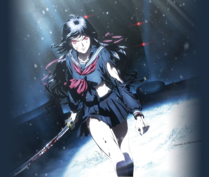 clothing, katana, front view, anime girls, lifestyles, winter sport, three quarter length, anime, nature, warm clothing, young adult, one person, Blood-C