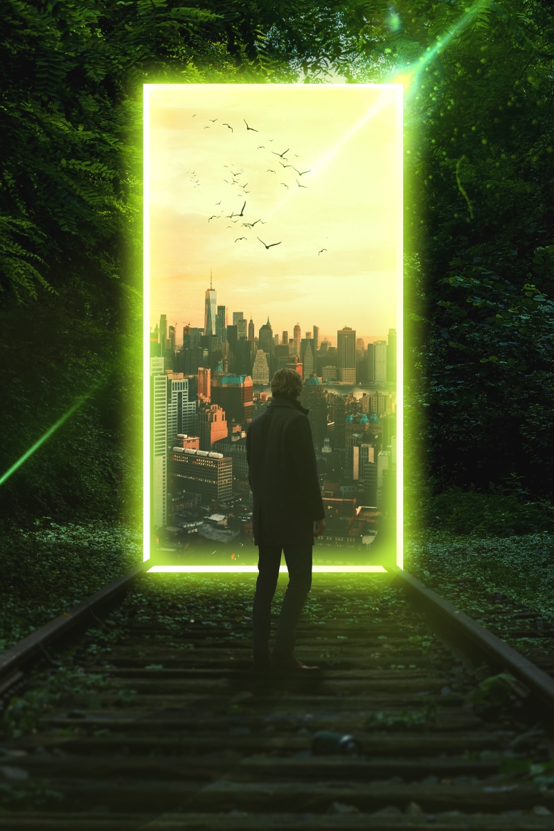 Portal, city, imagination, people, forest, 5K