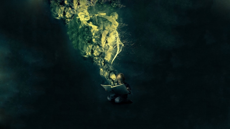 sitting, books, full length, looking, childhood, wallppaer, digital art, outdoors, child, young adult, fantasy art, cave, exploration, dark, children, holding