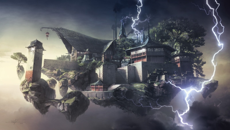 sky, lightning, floating island, 5K, building exterior, cloud - sky, storm, city, no people, water, digital art, power in nature, nature, fantasy art