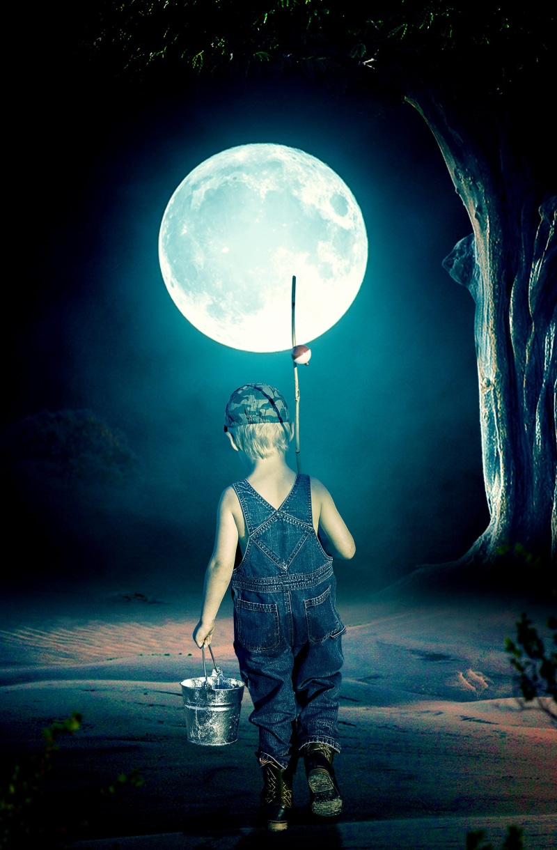 nature, time, dark, fantasy, illustration, celestial, men, alone, little boy, silhouette, landscape, sphere, real people, fish, lifestyles, reflection