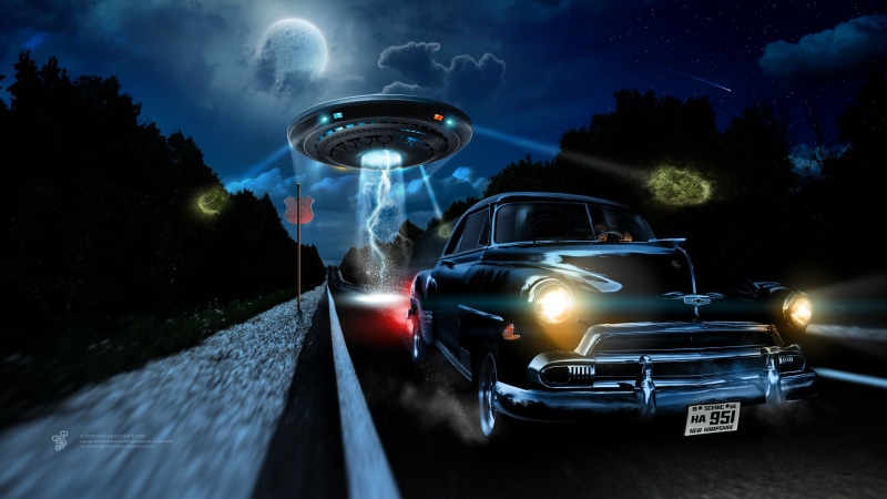 clouds, Trees, forest, car, Chevrolet, Road Sign, fantasy Art, 2K, stars, vehicle, ufo, road, planet, Aliens, night, Lightning, Lights, digital art