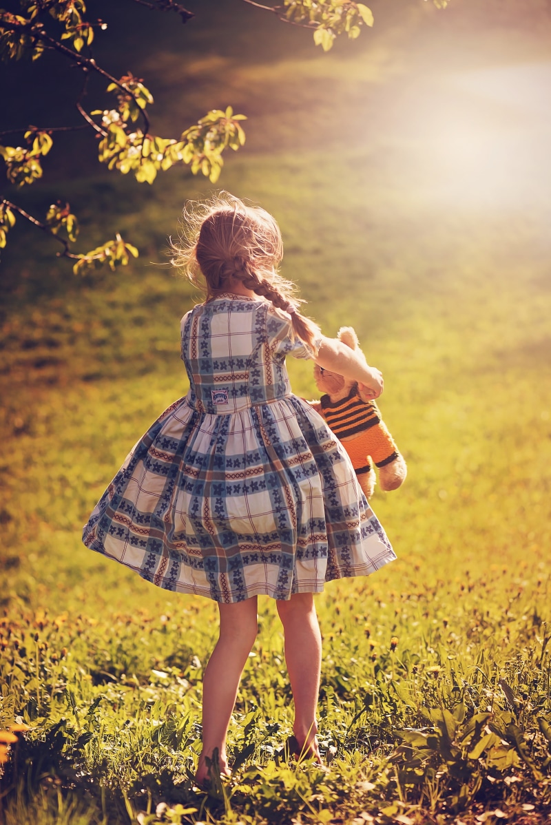 lifestyles, plant, toy, bear, holding, girls, plush, teddy, portrait, lighting, 4K, standing, real people, flowering plant, nature, girl, out, outdoors