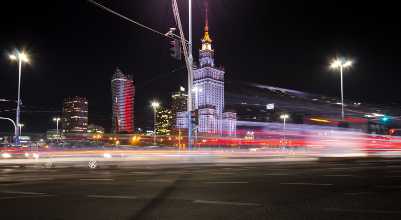 photography, no people, speed, architecture, warsaw, cars, blurred motion, illuminated, travel destinations, urban, car, transportation, drive, building exterior
