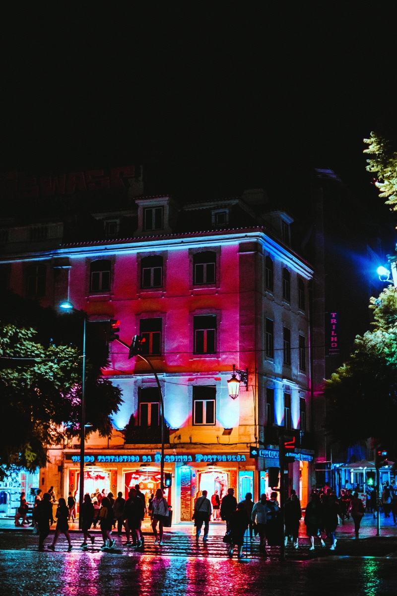 people, modern, nature, night, city, women, evening, dark, town, front, nightlife, road, shops, lighted, reflections, men, large group of people, crowd