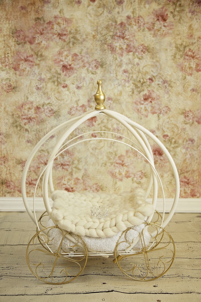 jewelry, floral pattern, no people, gold colored, indoors, gold, photo, nostalgia, carriage, floral, close-up, retro styled, newborn, still life