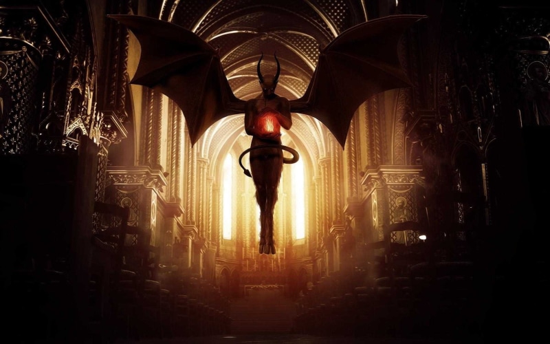 built structure, representation, the past, Satan, belief, illuminated, devil, architectural column, indoors, art and craft, old, spirituality, poster, building