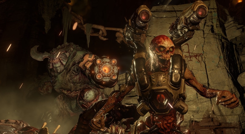 metal, ornate, aggression, Id Software, low angle view, indoors, architecture, human representation, 4K, hanging, first-person shooter, sculpture, still life