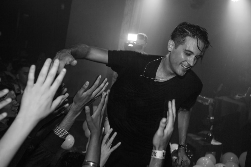 emotion, men, people, arms raised, G-Eazy, 720P, arts culture and entertainment, young men, popular music concert, crowd, music, human arm, musician, group of people
