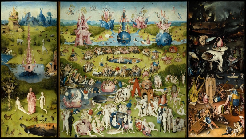 art and craft, indoors, assorted, backgrounds, old, creativity, wall - building feature, paintings, large group of objects, human representation, the garden of earthly delights