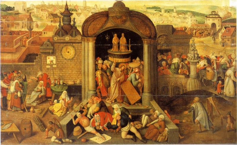 religious painting, Christ expels the merchants from the temple, 1080P, Hieronymus BOSCH