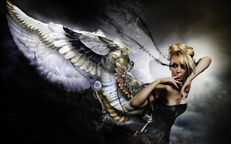 adult, studio shot, blond hair, fairy, females, 720P, one person, beauty, angel, fashion, fashion model, wings, beautiful woman, hair, black background