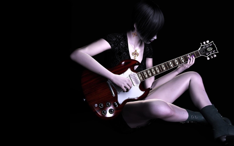 abstract, player, 1080P, music, girl, guitar, white, red, 3d, 3d and abstract, acoustic