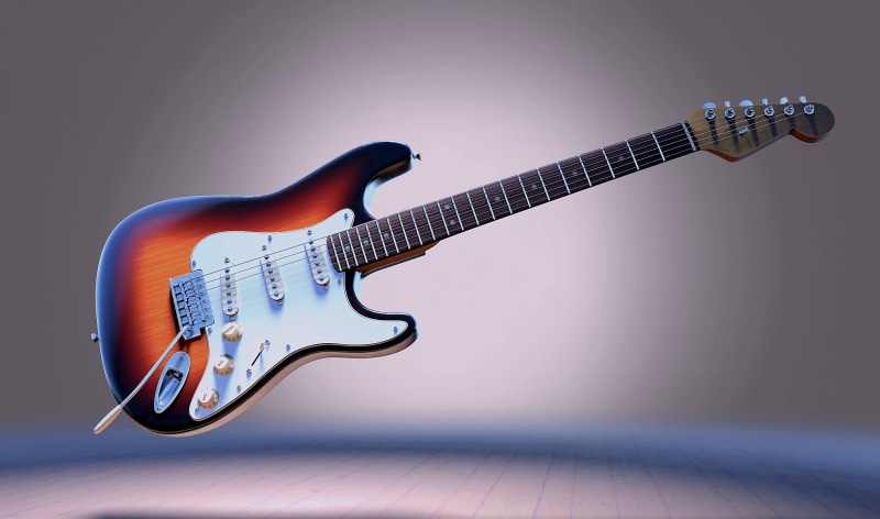electric guitar, single object, musical equipment, shiny, stringed instrument, cut out, 3d model, guitar, illuminated, music, orange, rock music, london city