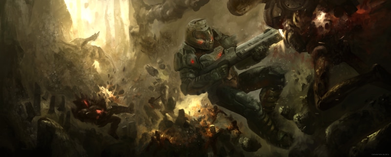 8K, first-person shooter, Doom (2016), shooting, video game art, fantasy weapon, fan art, digital art, Doom slayer, fantasy armor, creature, Doom (game