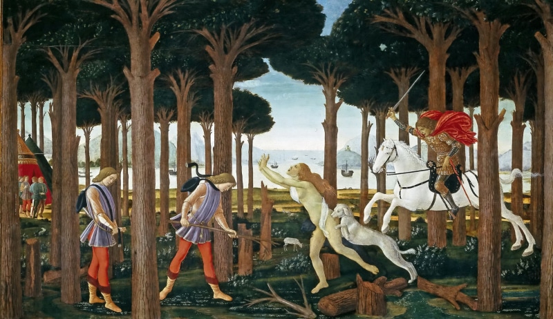 sea, mythology, Sandro Botticelli, 1080P, genre, rider, mountains, people, History Nastagio Degli Onesti (I), trees, picture