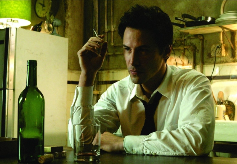 Keanu Reeves, container, glass, Movie, refreshment, John Constantine, contemplation, alcohol, Constantine, headshot, one person, front view, indoors, table