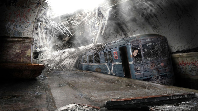 apocalyptic, blue, bus, destruction, 1080P, train, abandoned, crashed