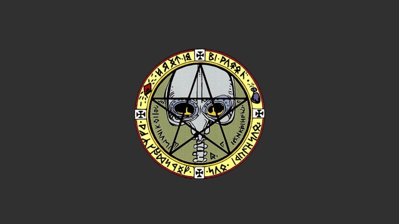 logo, round, 1080P, yellow, single object, black background, Sandman, Morpheus, roman numeral, machinery, time, accuracy, close-up, indoors, black, minute hand