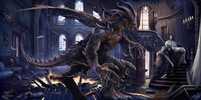 demon, artwork, 2K, skull, dead, hell, digital art, window, creature, staircase, interior, Victorian, Gothic, couple, fantasy art