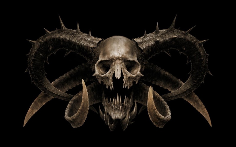 black background, death, horror, fangs, horns, 720P, spooky, devils, skull, demon, digital art, creature, teeth