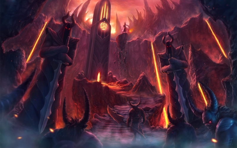 occult, fantasy, door, architecture, Lava, demons, Devil, fire, Cathedral, monsters, flames, Hell, weapons, Satanic, Satan, Dark, creature, Trdent, spooky