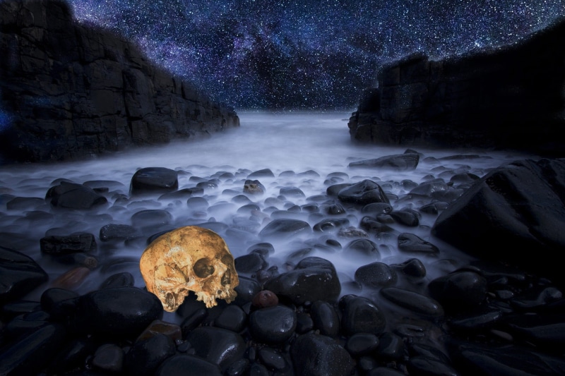 bone, fantasy, tranquility, stone - object, fog, skull, demon, stars, horror, rocks, beauty in nature, head, face, land, water, rock - object, flowing water