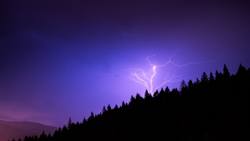 Romania, thunderstorm, weather, star - Space, sky, 1080P, trees, Bușteni, nature, mountain, Prahova, photo, lightning, storm, blue, forest, Thunder, silhouette