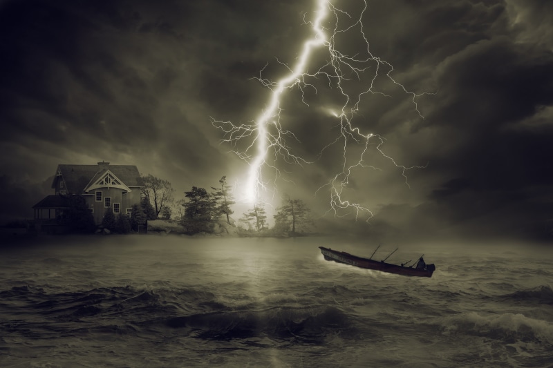 ocean, grayscale, photo montage, flash of lightning, architecture, composing, forward, fishing boat, lake, atmosphere, 5K, clouds, force of nature, boot