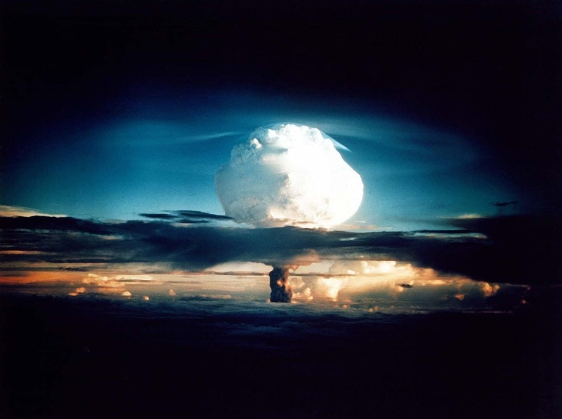 people, sea, nuclear explosion, space, full length, mushroom cloud, sky, moon, weapon, armageddon, hydrogen, day, clouds, outdoors, astronomy, bomb, atomic
