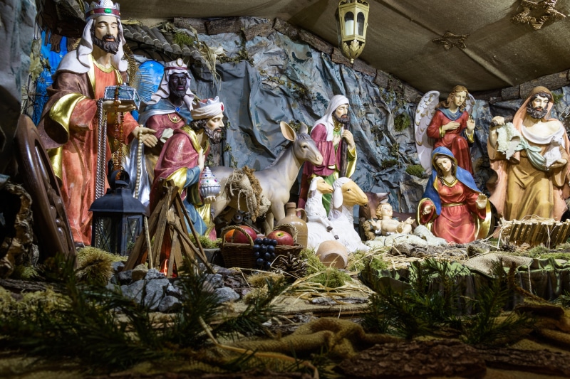 christ child, father christmas, belief, built structure, craft, religion, no people, female likeness, nativity scene, christmas, crib, santon, christmas eve