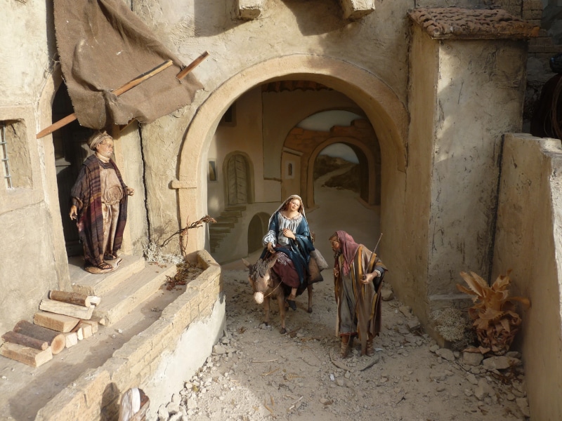 built structure, jesus, joseph, pets, men, people, donkey, christmas time, real people, christmas crib figures, building exterior, nativity scene, domestic animals