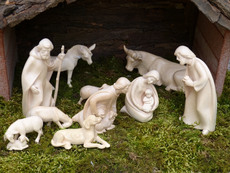 sheep, carving, plant, joseph, sculpture, figure, art and craft, set, nativity scene, maria, ox, donkey, shepherds, field, representation, child, jesus