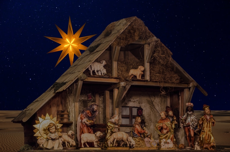 built structure, human representation, sculpture, building, religion, nature, wood - material, representation, set, assembly, jesus, bethlehem, architecture