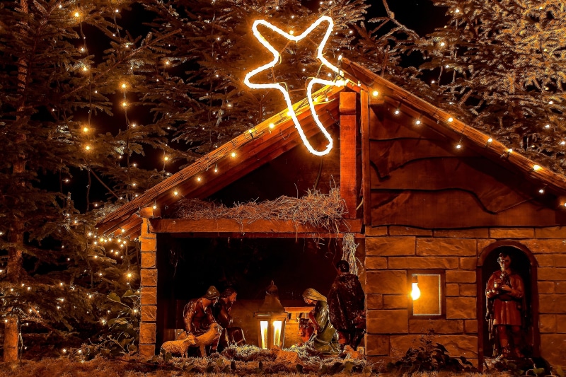 decoration, no people, josef, model, religion, miniature, christmas crib figures, christmas time, flame, illuminated, built structure, candle, donkey, star
