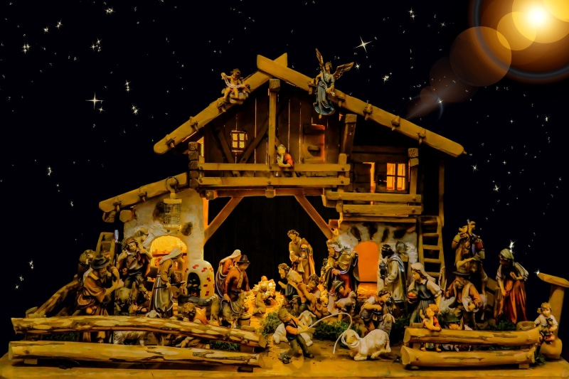 religion, built structure, christmas eve, sculpture, building exterior, jesus, night, human representation, statue, crib, bethlehem, christmas story, creativity