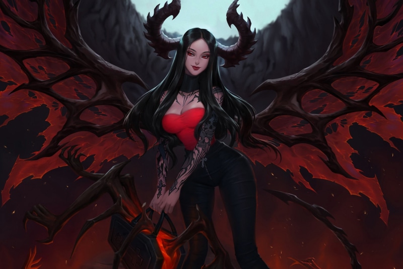 Demon, Fantasy, Horns, Woman, 1080P, Tattoo, Red Eyes, Long Hair, Wings, Succubus