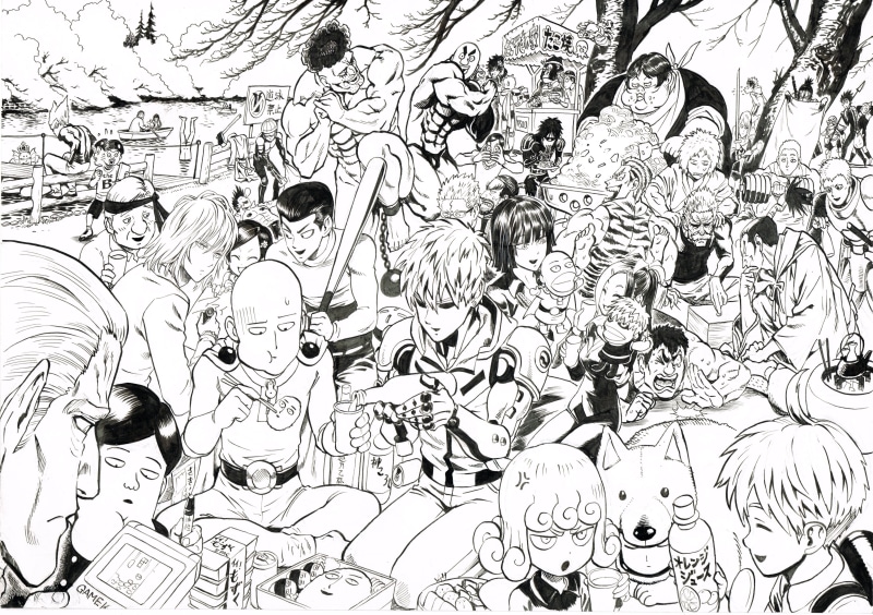 art and craft, large group of people, representation, One-Punch Man, illustration, Yusuke Murata, human representation, lifestyles, architecture, Saitama