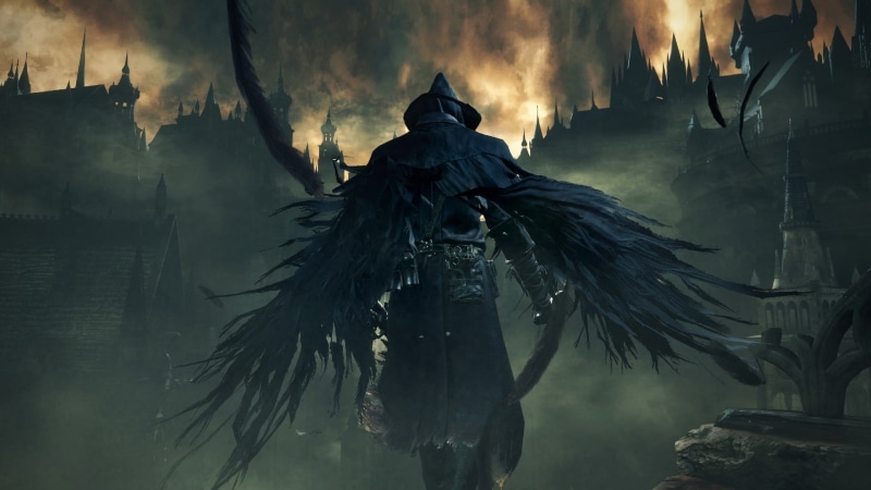 outdoors, no people, hell, female likeness, wearing, wing, dark, cape, d, flame, halloween, craft, smoke - Physical Structure, 1080P, Bloodborne, sword