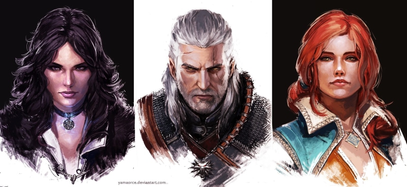 human face, hunt, black background, video games, young adult, looking at camera, portrait, characters, front view, studio shot, Triss Merigold, young women