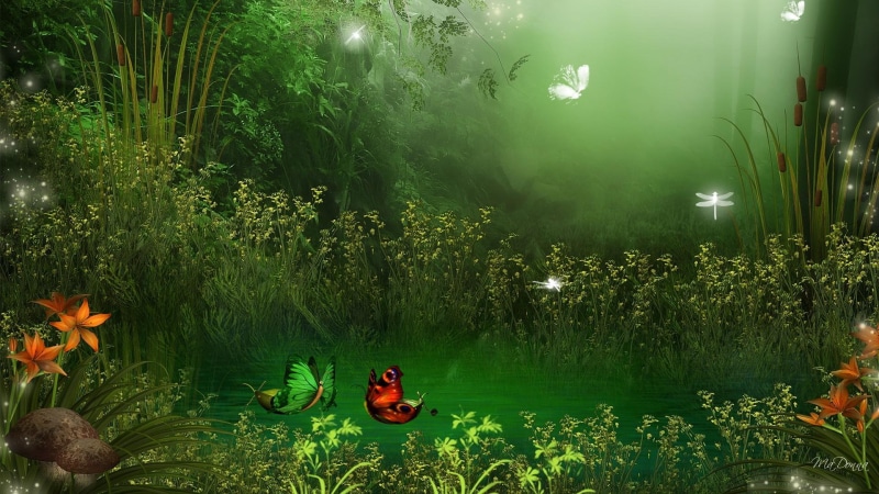 dragonflies, 3d, boats, grass, lilies, magical, green, 1080P, firefox persona, butterfly, butterflies, trees, light