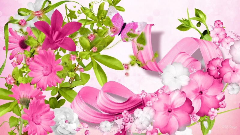 bows, feminine, floral, spring, 1080P, 3d and abstr, flowers, summer, ribbon, firefox persona, butterfly, pink