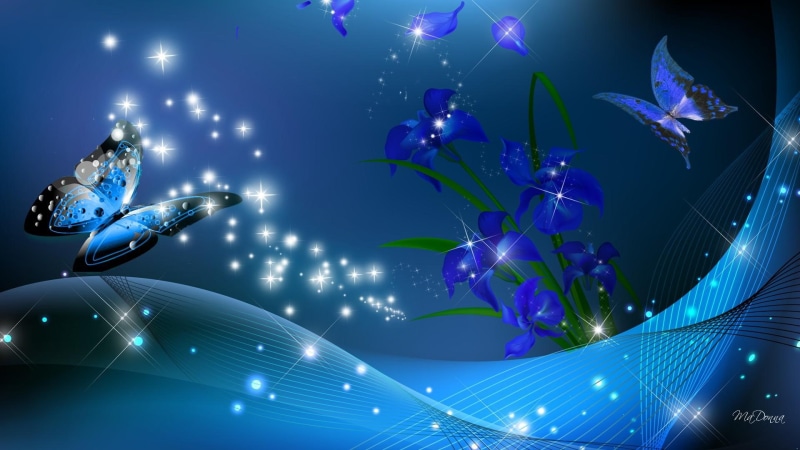 waves, sparkle, blue, butterflies, glow, iris, bright, spring, stars, 3d and abstract, 1080P, flowers